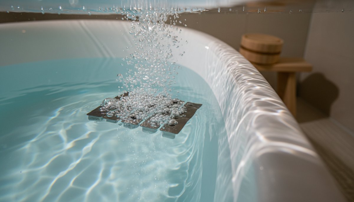 水素風呂発生器の電極部分とバスタブ内での水素生成の様子